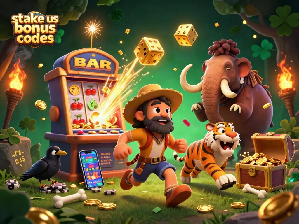 Win big with stake us bonus codes in this animated casino scene featuring vibrant game elements.