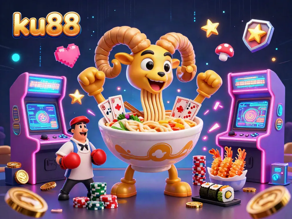 ku88 engages players with a vibrant 3D casino scene showcasing colorful games and lively characters.
