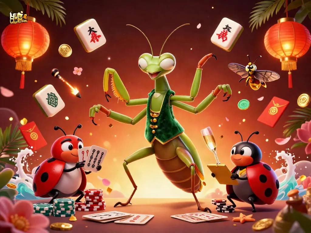 Experience thrilling casino action with UGDEWA as a giant praying mantis card sharp and colorful party elements fill the scene.