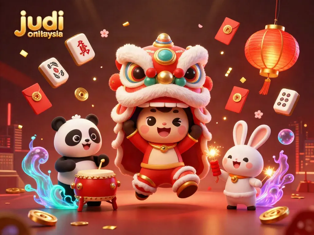 Permainan judi online Malaysia yang dinamik dengan kostum tarian singa, panda, dan kelinci, penuh perayaan dan keajaiban.