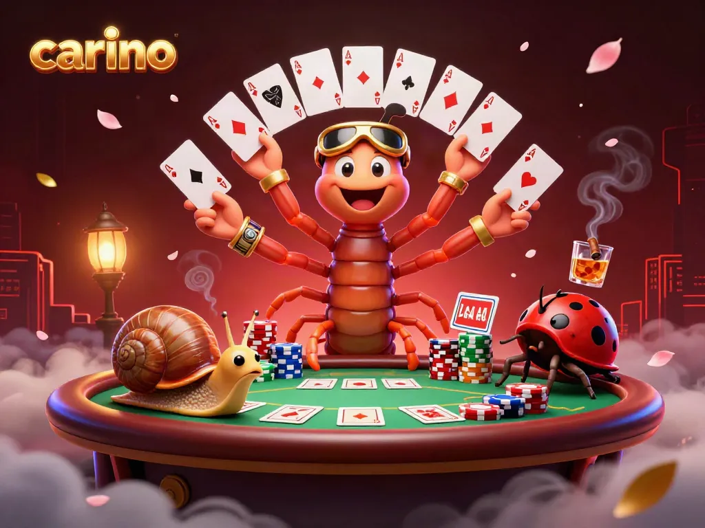 Experience a thrilling game of chance with carino, featuring a playful millipede dealer and vibrant casino elements.