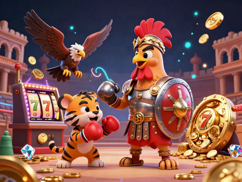 Experience link gacor in a dynamic casino scene featuring a rooster warrior, treasures, and slot machines.