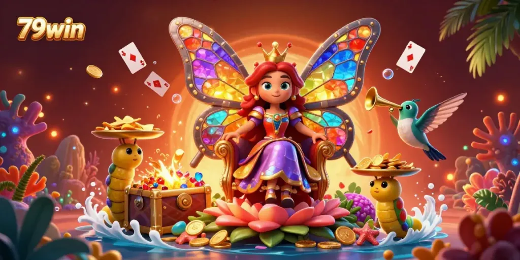 Experience exhilarating gaming at 79win with the enchanting butterfly queen and vibrant treasures surrounding her.