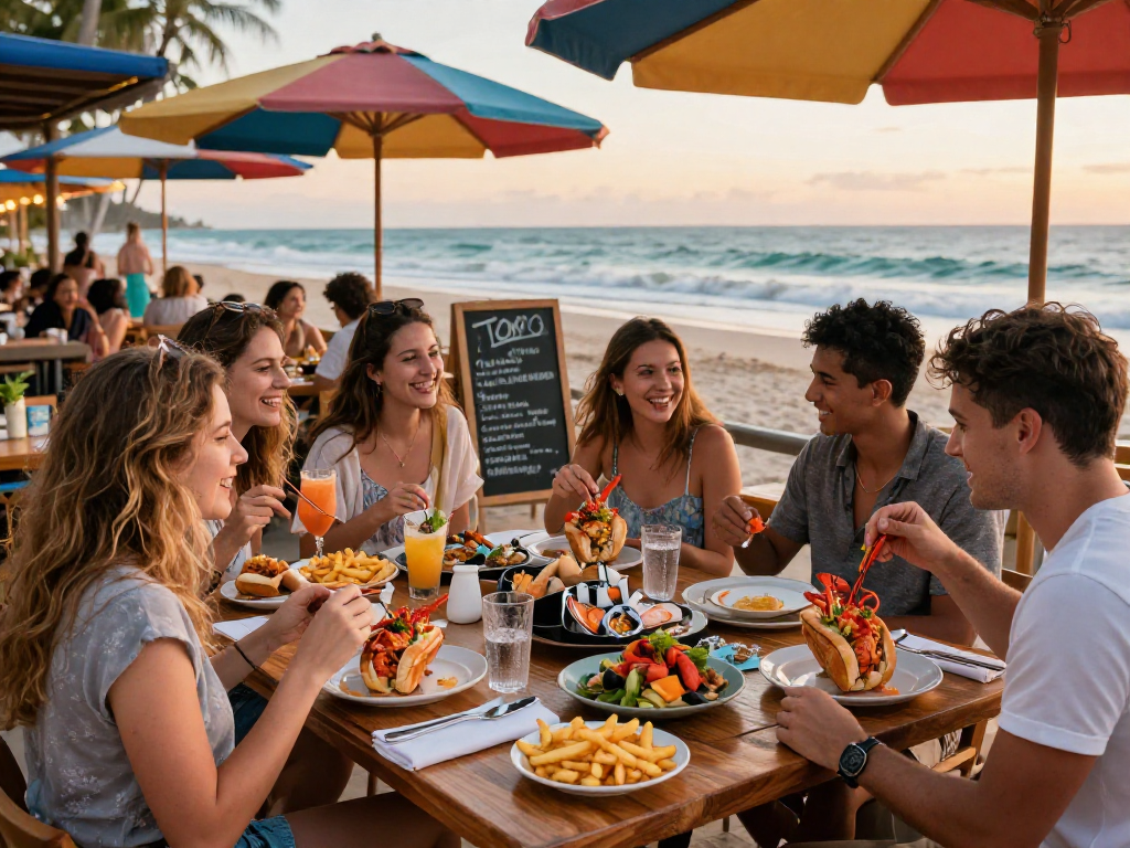 Enjoying delicious slot gacor lobster rolls with friends at sunset.