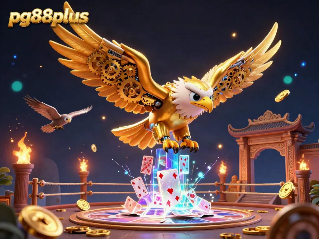 Experience thrilling gameplay at pg88plus with a cybernetic eagle soaring through holographic cards in a dynamic casino scene.