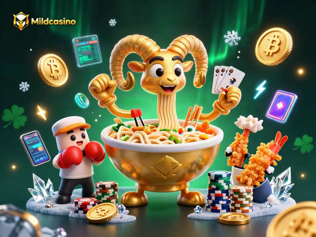 Mildcasino features an energetic cartoon scene of a golden ramen bowl dealing cards among cryptocurrency coins.