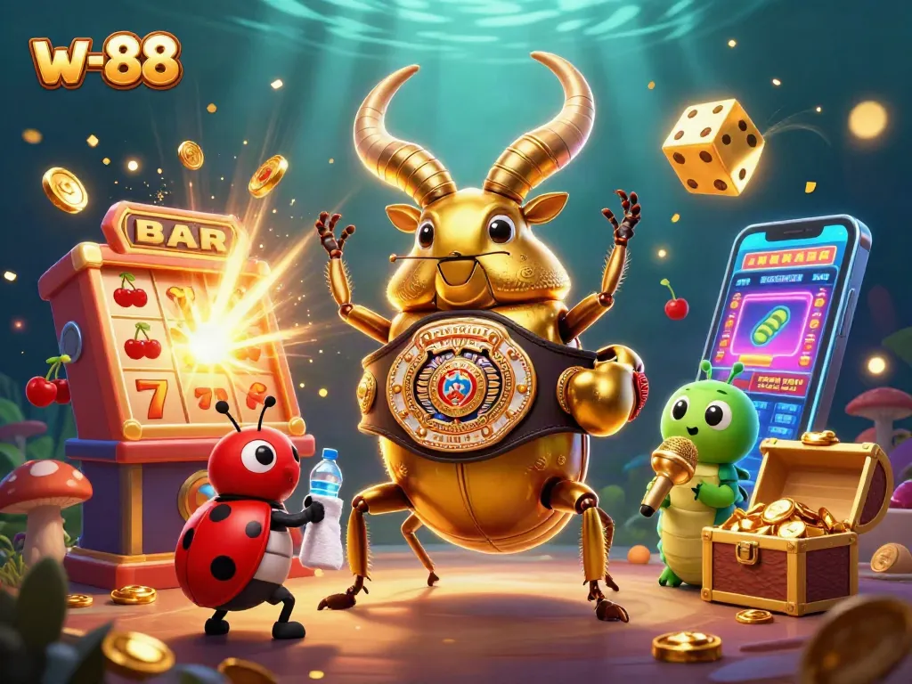 Experience thrilling action at w-88 with golden figures celebrating jackpot wins amidst explosive casino elements.