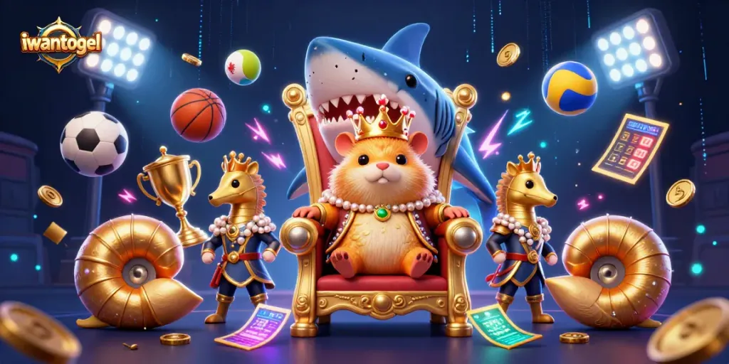 Permainan keren iwantogel dengan raja hamster emas di kursi tengkorak hiu dan pengawal kuda laut berkostum.