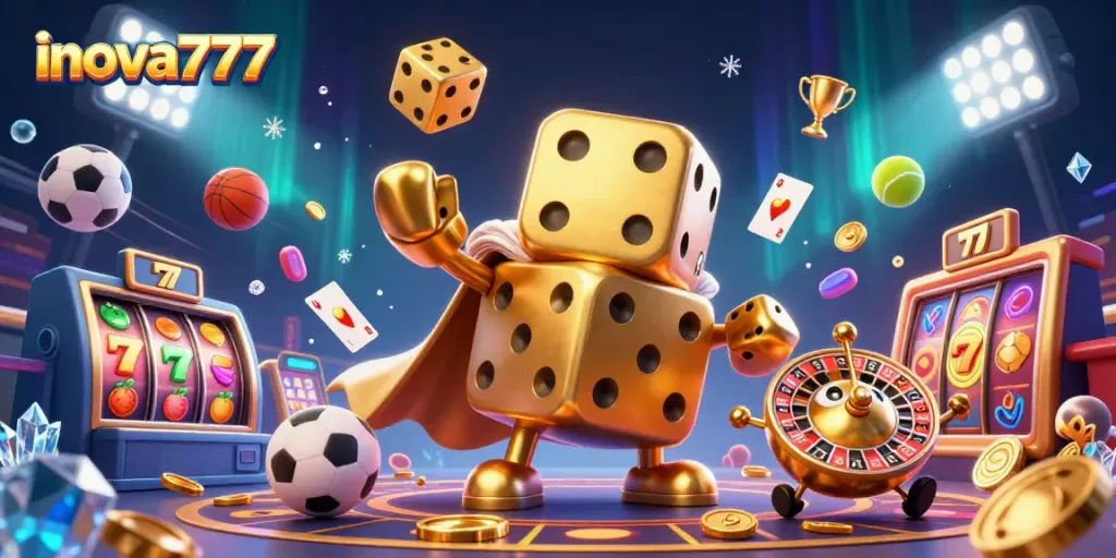 Spin the reels with inova777's vibrant slot experience featuring golden dice and dynamic game elements.