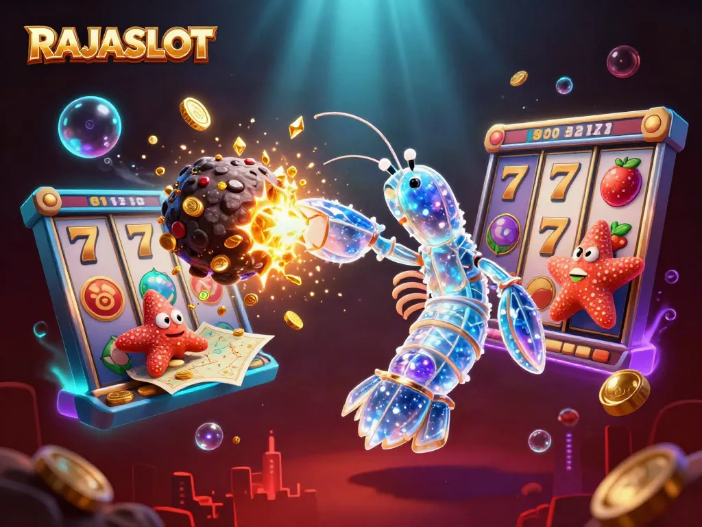 RAJASLOT menampilkan mantis udang samurai galaksi dan bintang navigator dalam ilustrasi 3D.