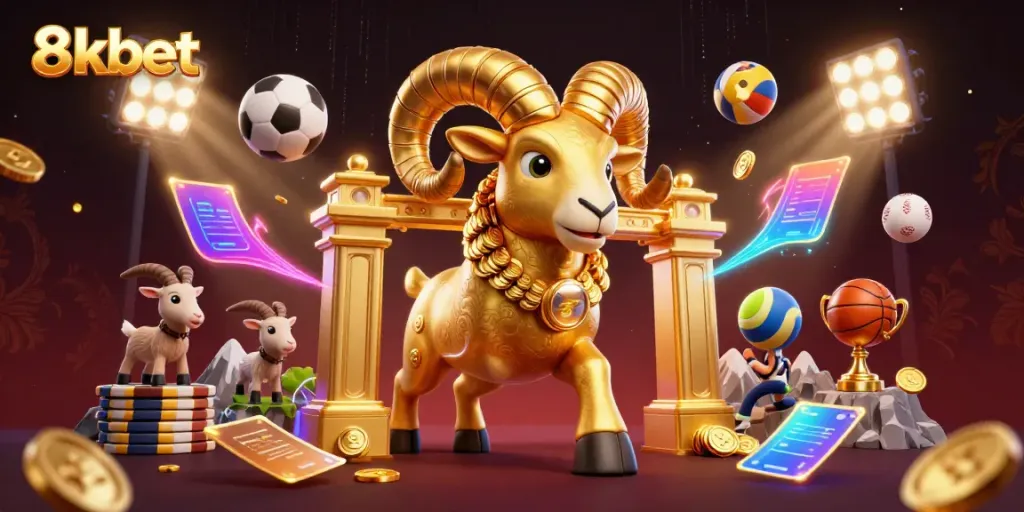 Experience high-stakes excitement at 8xbet with a vibrant 3D scene showcasing a golden ram, sports balls, and dynamic betting elements.