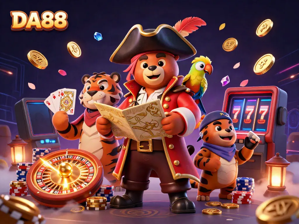 Engage with DA88 in this vibrant casino scene featuring a pirate bear, tiger, and parrot amidst games.