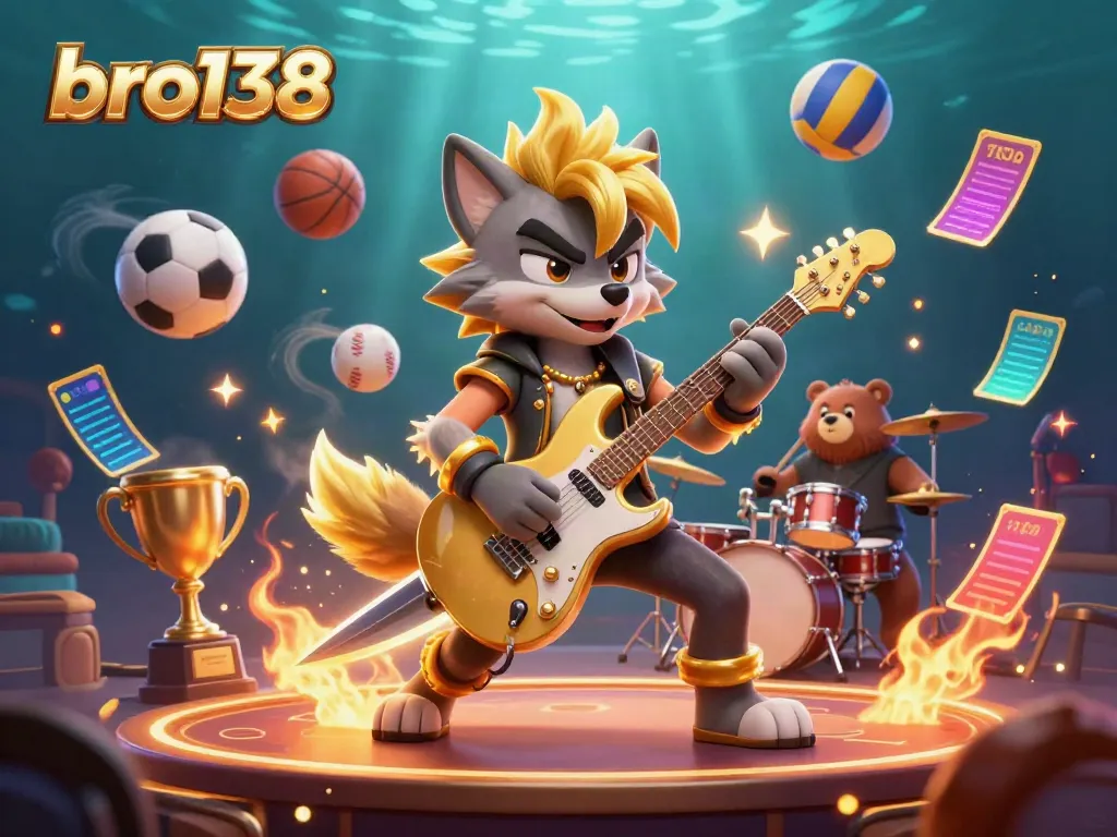 Experience the excitement at bro138 with a vibrant casino scene featuring a rock star wolf and drummer bear.