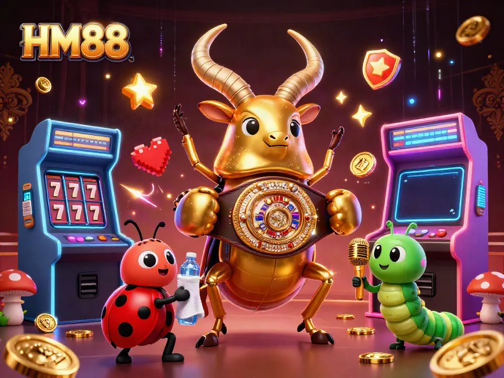 Experience the thrilling world of HM88 with a vibrant golden stag beetle boxing champion surrounded by casino symbols.