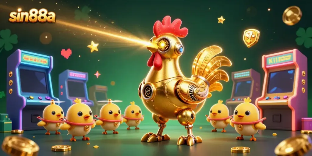 Join the fun at sin88a with a dynamic scene of a golden rooster robot and baby chick drones amidst glowing arcade games.