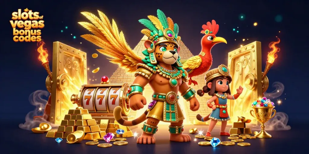 Win with exclusive slots of vegas bonus codes in this vibrant casino-themed illustration.