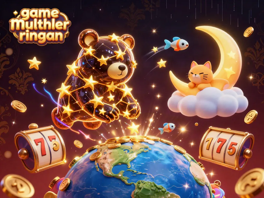 Permainan multiplayer ringan dengan beruang bintang mengambil koin judi dan slot berkilau lebar dalam ilustrasi 3D.