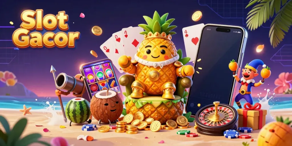 Experience the vibrant Slot Gacor scene with a golden pineapple king and exciting slot game elements.