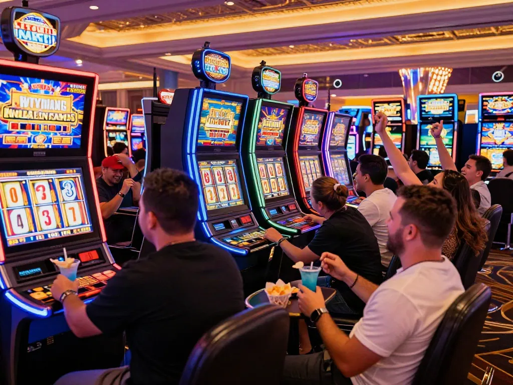 Lucky777 gaming experience with players enjoying vibrant slot machines.