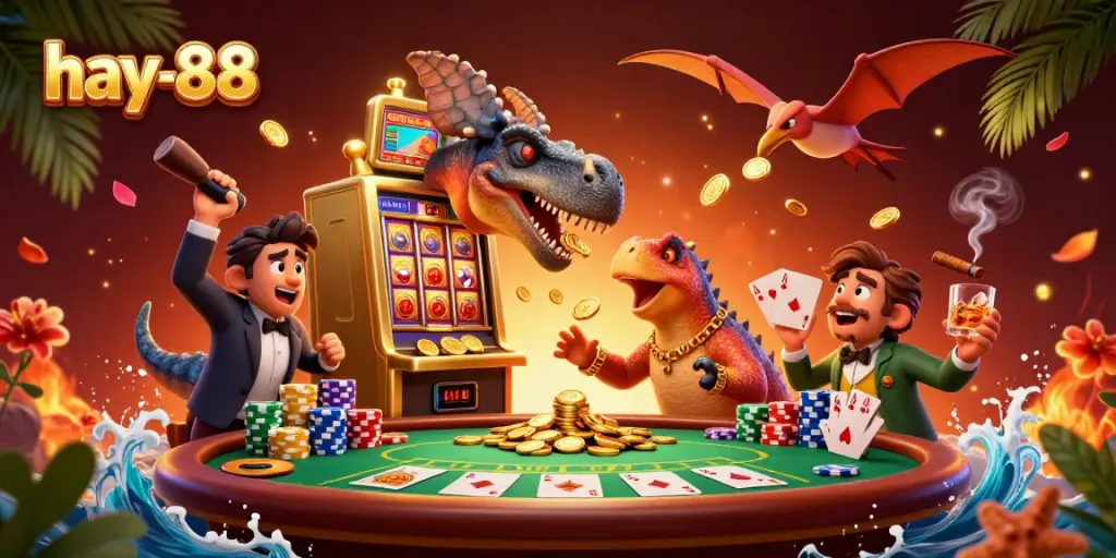 Catch jackpot coins at hay-88 with a 3D pachycephalosaurus headbutting a golden slot machine