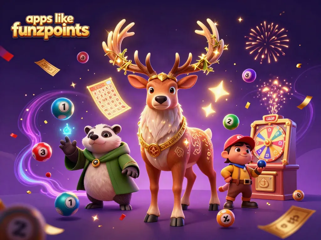 Engage in dynamic gaming action with apps like Funzpoints, featuring colorful lottery elements and magical characters.