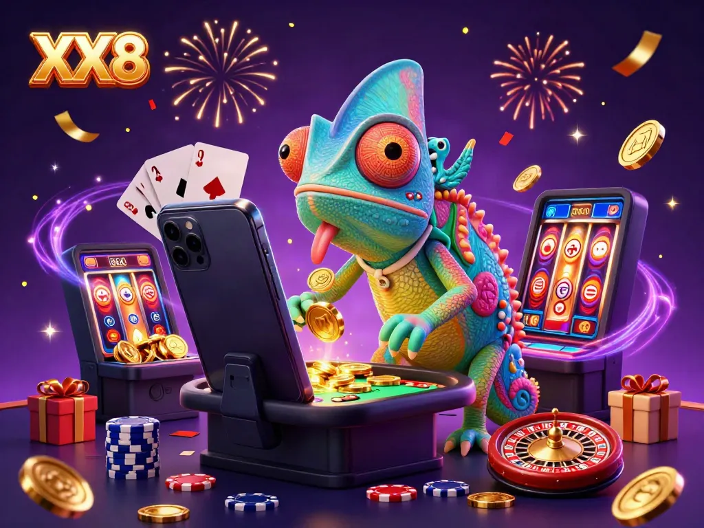 Engaging casino scene with XX8, a chameleon owner attracting golden coins and showcasing dynamic gambling elements.