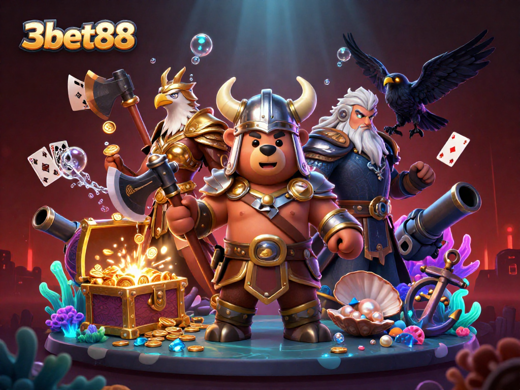 Engage with 3bet88's vibrant casino scene featuring Viking bear and golden Valkyrie, amidst dynamic gaming elements.