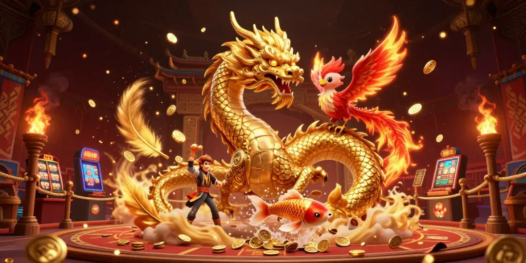 Xoilac Tv brings excitement with a vibrant scene of a golden dragon, phoenix, and koi fish amidst casino elements.
