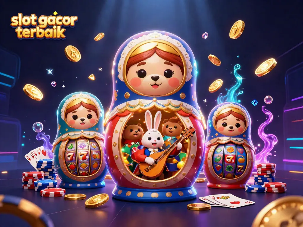 Permainan slot gacor terbaik diilustrasikan dengan beruang Matryoshka dan koin emas.