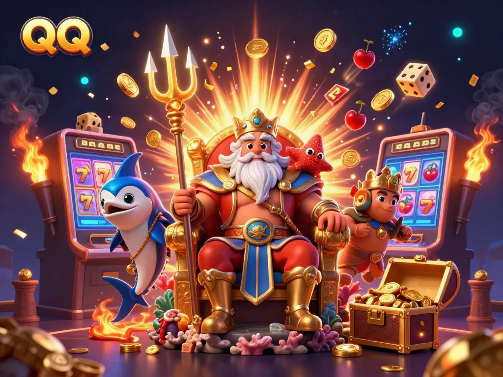 Experience the exciting jackpot theme of QQ Slot with Neptune, a swordfish samurai, and colorful casino symbols!