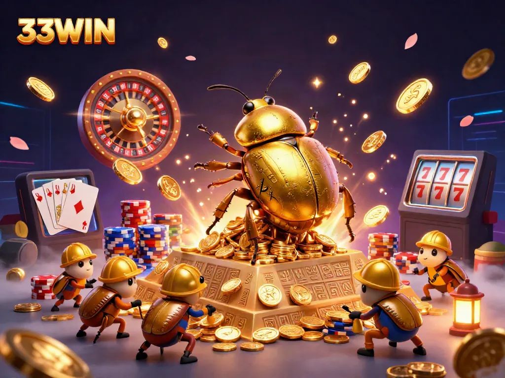 Cascade of golden coins and gems around 33WIN's golden beetles symbolizing casino excitement.