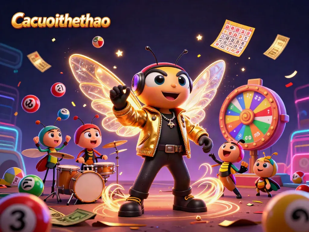 Cacuocthethao showcases a vibrant 3D party environment with a cicada rock star, lottery balls, and a prize wheel.
