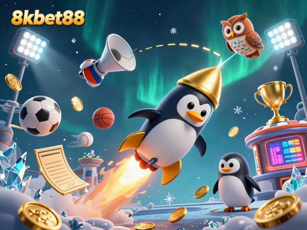 Engage with 8xbet88 through a dynamic 3D casino illustration featuring a golden penguin and sports balls.