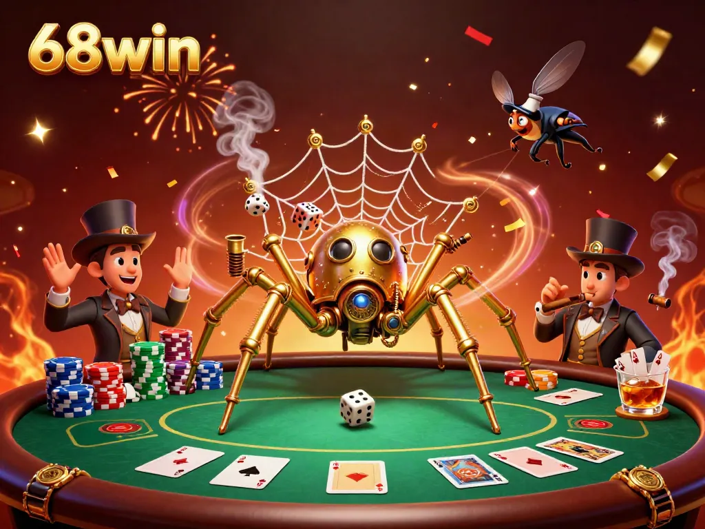 68win celebrates success with a whimsical scene of a golden spider web and poker elements in a vibrant casino setting.