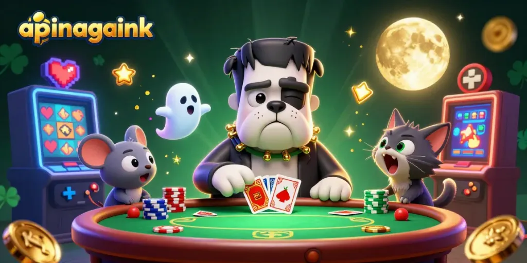 Experience the thrill of apinagalink poker with a spooky 3D illustration of characters and casino elements.