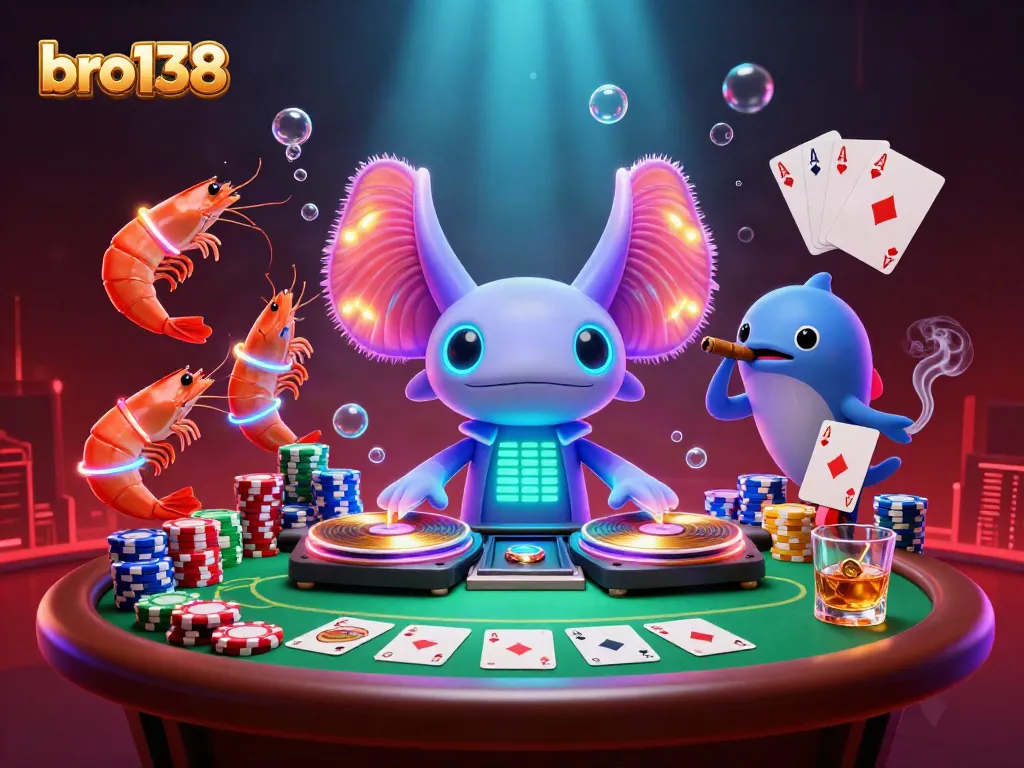 Experience bro138 in a vibrant casino scene with an animated axolotl DJ and poker action.