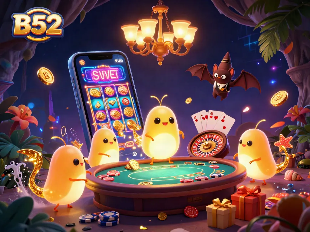 Experience the B52 glowworm casino scene showcasing vibrant games and a unique bat dealer.