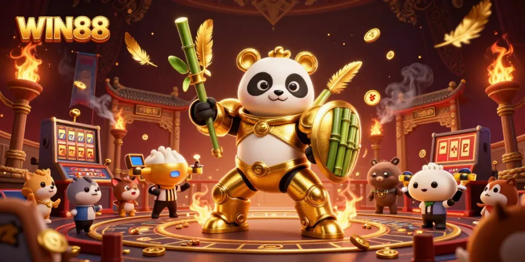 WIN88 themed illustration showcasing a golden panda in a mech-suit in a lively casino arena.