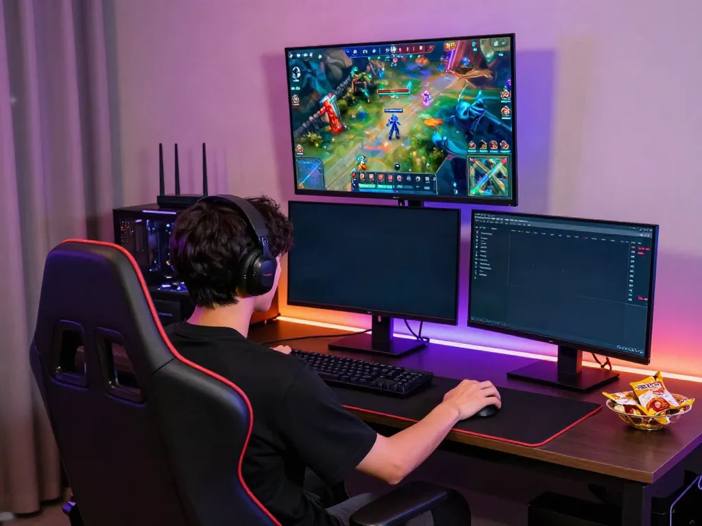 Exciting gaming atmosphere on luxury111 with a player in action, vibrant visuals, and modern setup.