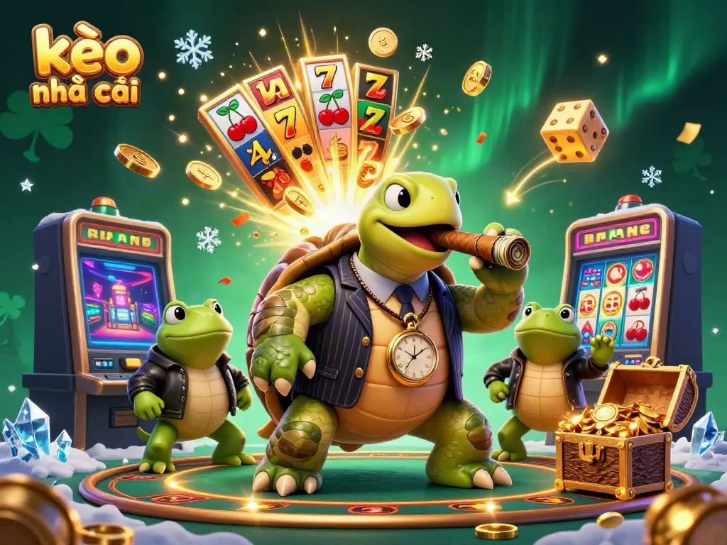 Experience thrilling gameplay with kèo nhà cái featuring a cartoon turtle and casino elements in a vibrant scene.
