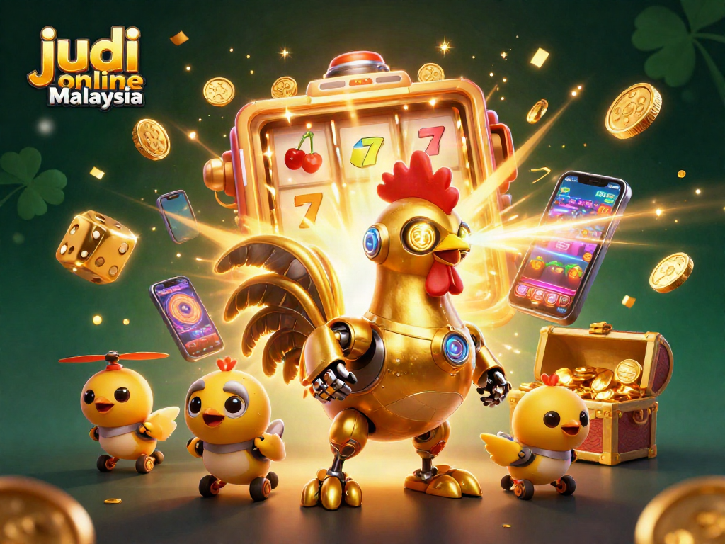 Permainan judi dalam talian Malaysia dengan robot ayam emas dan slot 3D meriah penuh jackpot.