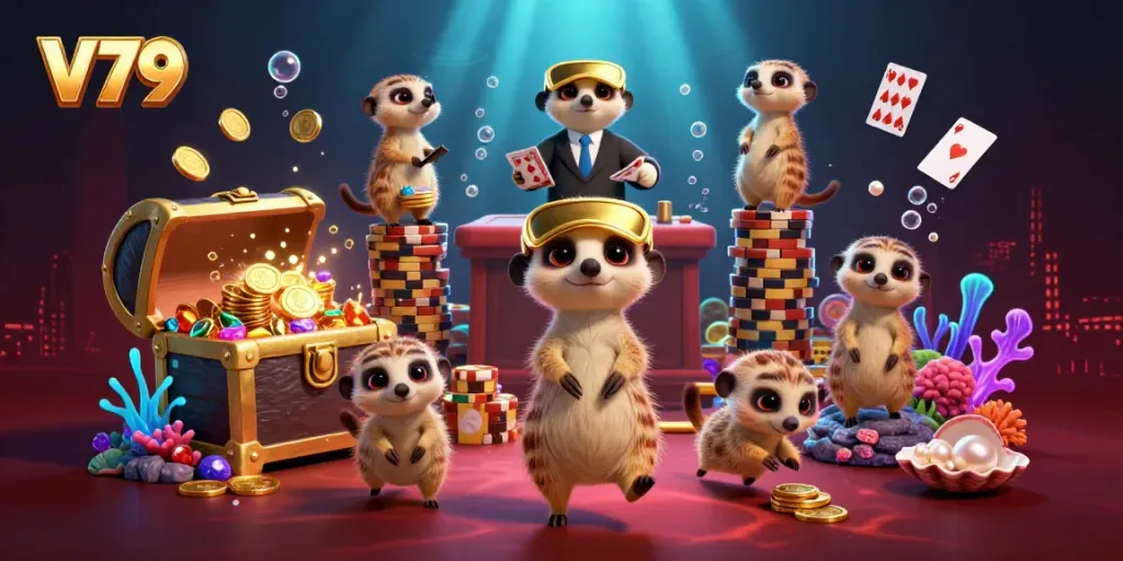 Engaging 3D illustration of V79 casino with meerkats managing games and treasures.