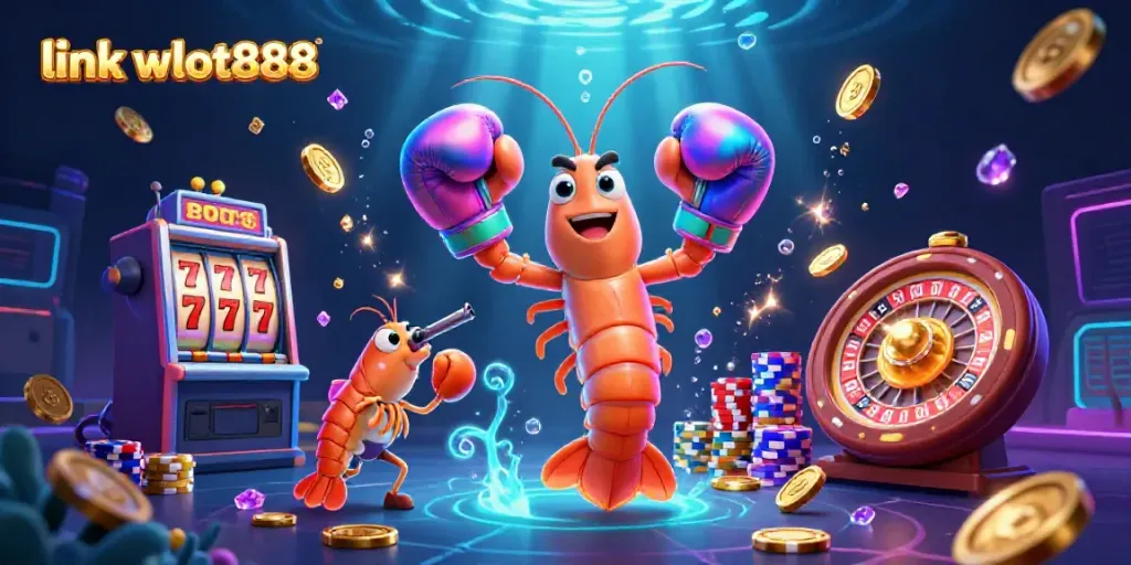 Permainan slot meriah dengan link wslot888, ditampilkan oleh udang mantis dan teman-temannya dalam suasana kasino yang hidup.