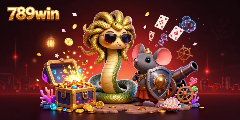 Engage with the thrilling world of 789win featuring an epic illustration of Medusa and a mouse warrior amidst vibrant casino treasures.