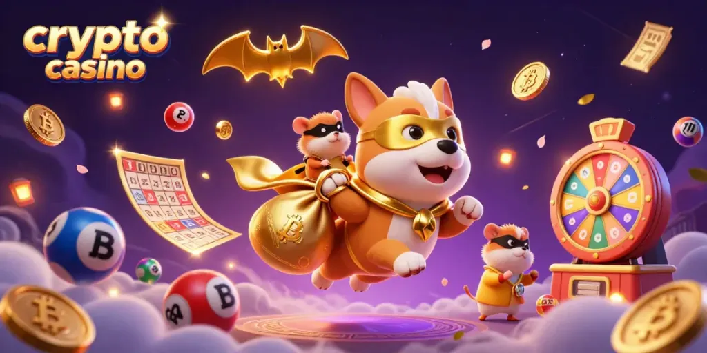 Engage with the vibrant crypto casino world featuring a superhero dog and hamster, capturing exciting gaming moments.