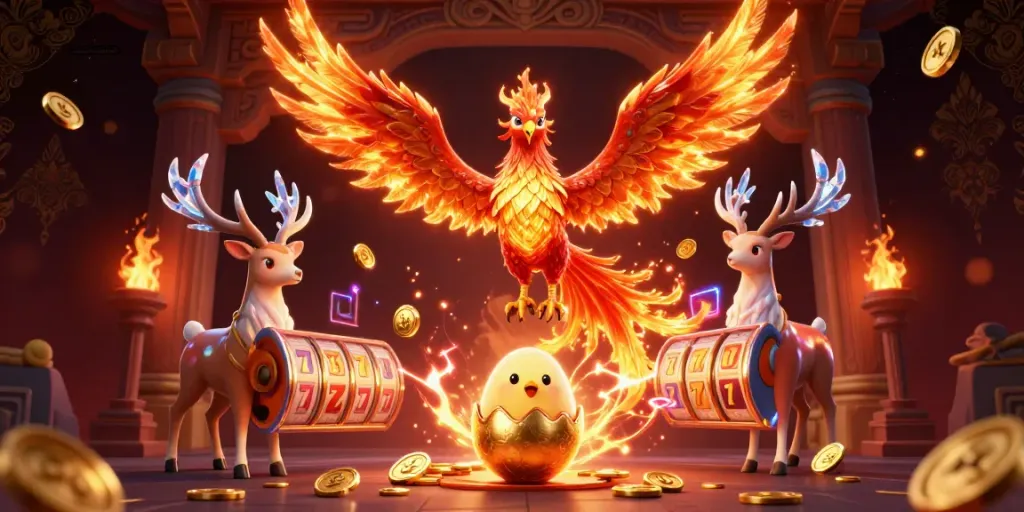Engage in thrilling gaming moments with AKADEMIGAMING's vibrant phoenix scene filled with lucky slot elements.