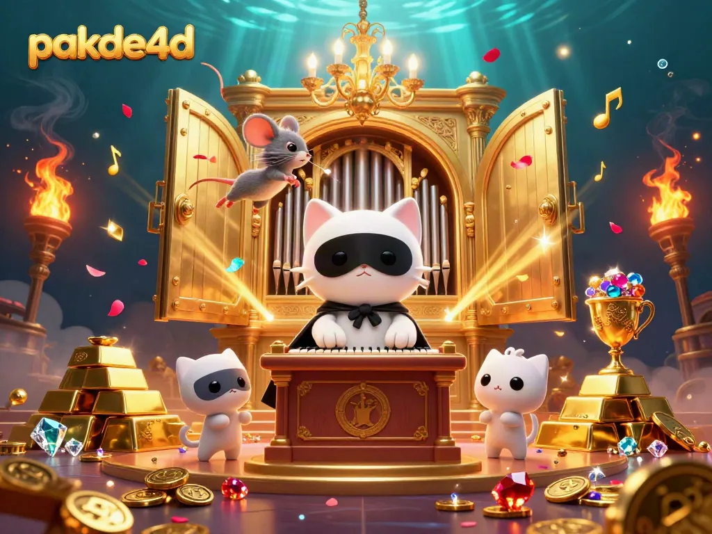 Experience the thrill of pakde4d as the charming phantom cat plays at a grand casino organ, adorned with treasures.