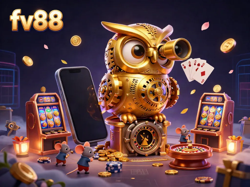 Experience casino thrills at FV88 with a dynamic illustration featuring a golden owl among vibrant slot machines.