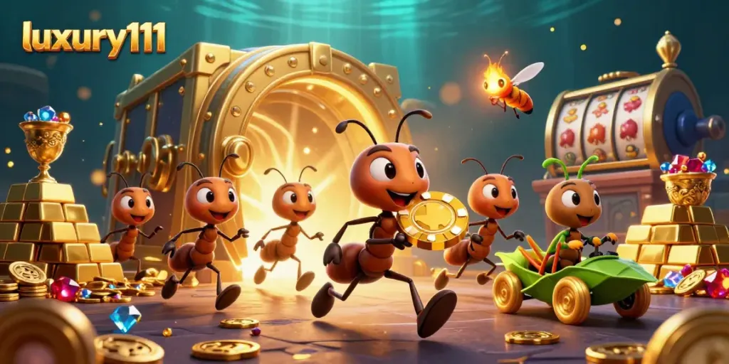 Experience thrilling adventures in luxury111's casino world with cartoon ants on a heist.