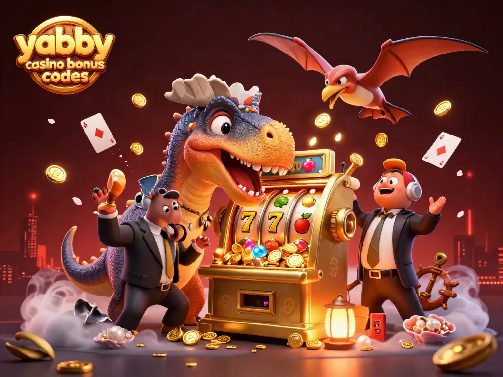 Join the fun with Yabby Casino Bonus Codes as a cartoon dinosaur headbutts a slot machine, captivating players!